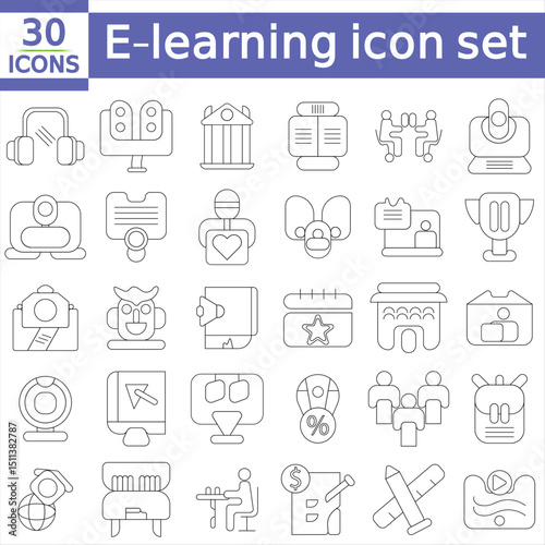 E-learning icon set with editable stroke. Online education thin line icon collection. Vector illustration