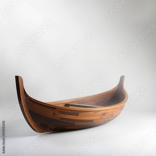 A handcrafted wooden boat with a narrow, elongated hull, crafted from various dark and light wood tones, sits on a white background with a soft, ethereal light emanating from above