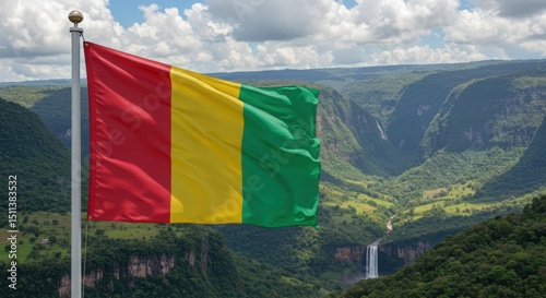 Waving Guinean Flag Representing West African Sources Over the Water-Rich Fouta Djallon Highlands
