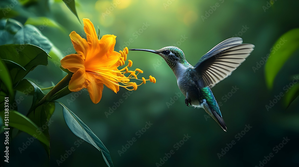 Fototapeta premium A hummingbird hovers near a vibrant orange flower.