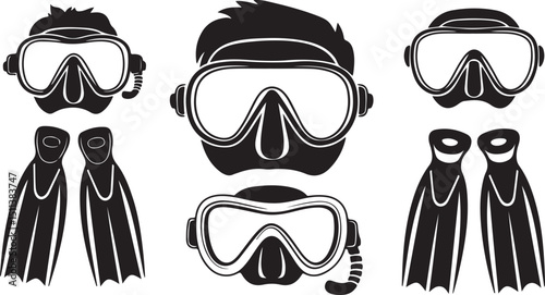 Silhouettes of Scuba Diving Gear, Including Masks and Fins, for Water Sports, Diving, and Adventure