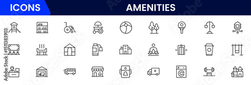 amenities facilities line icons, hotel parking restaurant park swimming pool, Vector illustration