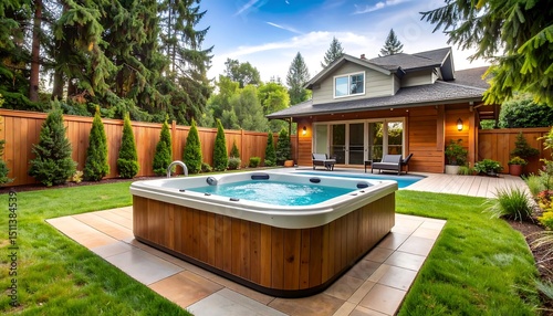 Backyard hot tub and luxury home.