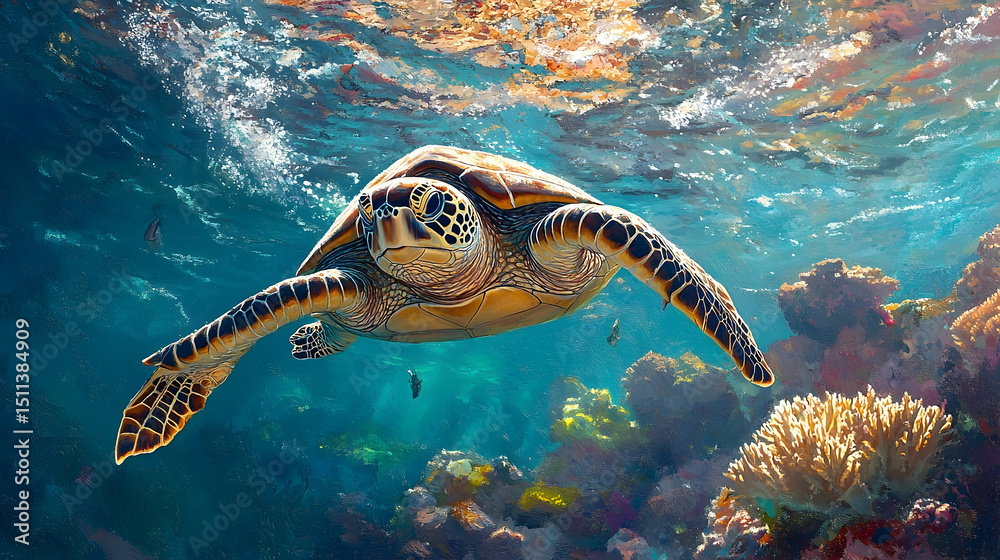 Fototapeta premium Sea turtle swimming in vibrant coral reef.