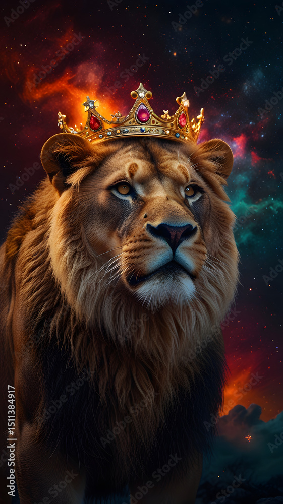 Fototapeta premium A majestic lion with a crown on his head stands proudly in golden light at sunset, with a sky full of stars behind it, symbolizing the bold and royal essence of the Leo zodiac sign.