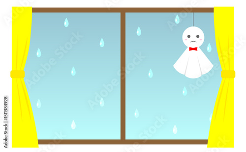 雨空の窓に吊るされたテルテル坊主のイラスト