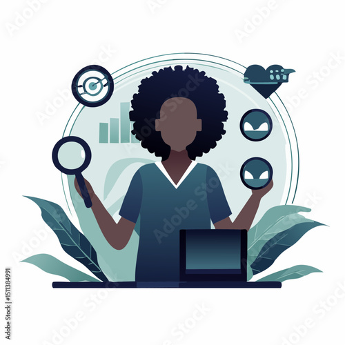Vector of a patient using a telehealth app with floating digital health icons, symbolizing remote care, smart monitoring, and virtual wellness.