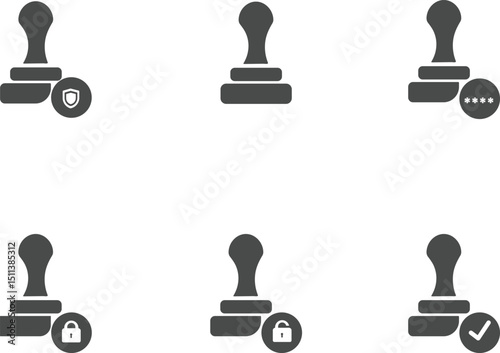 Collection of Stamp and Security Icons – Approval, Rejection, Financial, and Authentication Symbols in Flat Silhouette Style for Business, Legal, and Document Verification Purposes