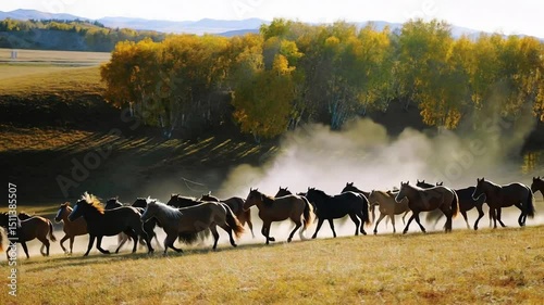 The magnificent scene of thousands of horses galloping on the grassland