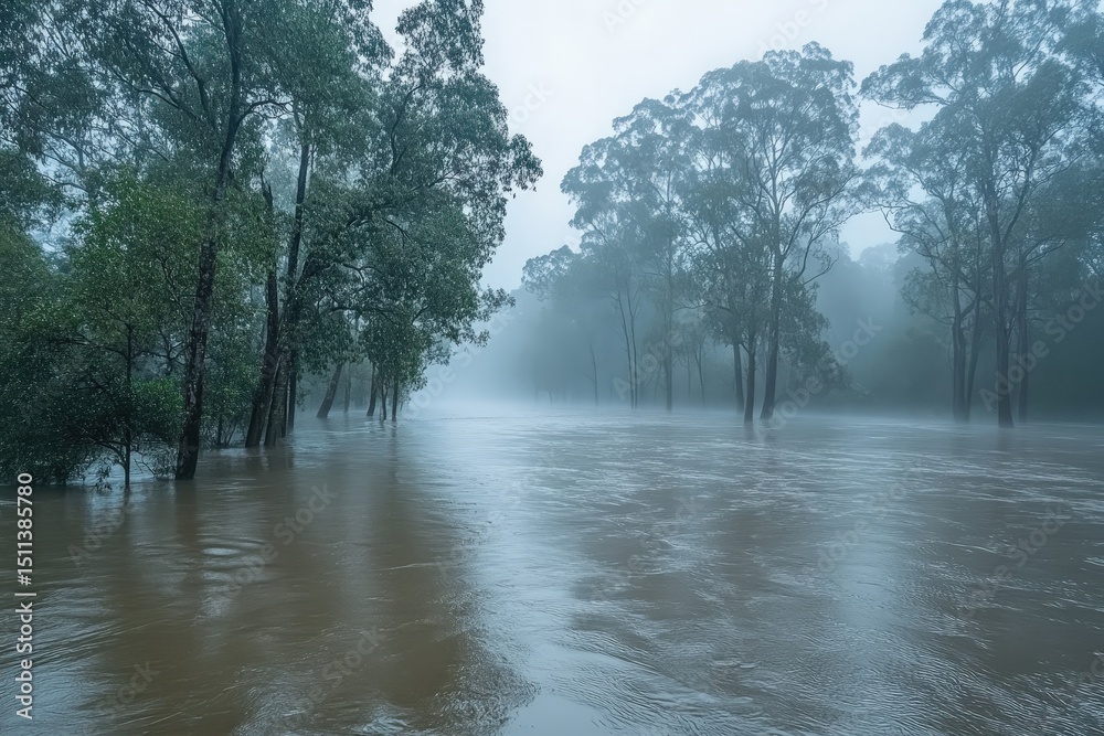 Obraz premium Misty flooded forest landscape after a heavy rain.