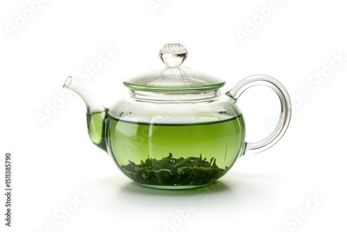 high resolution image of Glass teapot with green tea isolated in white
