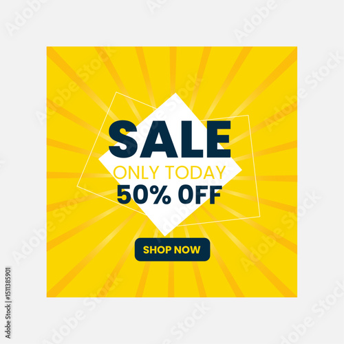 Bright yellow sale banner 50 percent off today