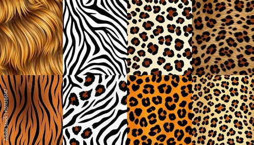 Seamless patterns featuring realistic textures of lion, zebra, giraffe, leopard, and cheetah fur,  design element,  design