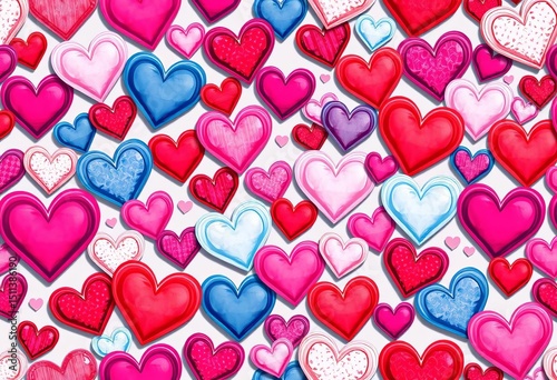 Seamless Valentine's Day pattern featuring various hearts in diverse colors, sizes, and styles,  bright,  gold