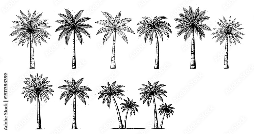 Fototapeta premium Palm trees on white background. Logo and print design templates, summer palms, tropical surfing concept, vacation and travel. JPEG version.
