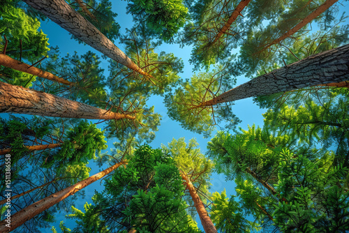Trees in a park or forest under a beautiful sky, showcasing nature's green and blue landscape through summer or autumn leaves