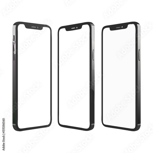 Three frameless smartphone mockups isolated on white background for app presentation