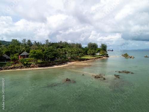 Beach rock trees, sea aerial view in Krabi, Thailand