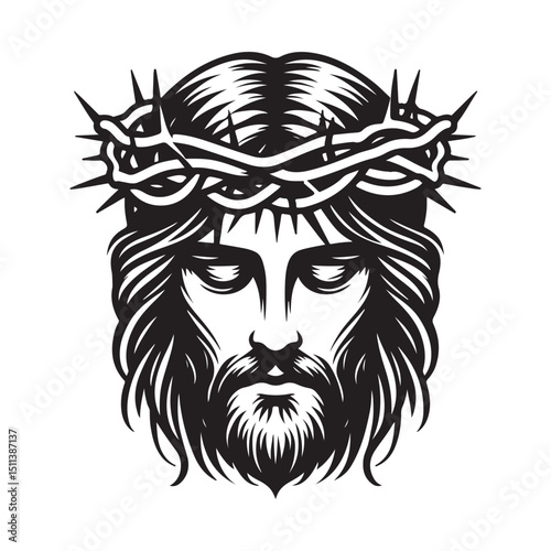 Line art of Jesus with crown of thorns on his head vector