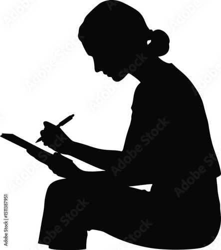 Black silhouette vector of a woman seated in a relaxed posture