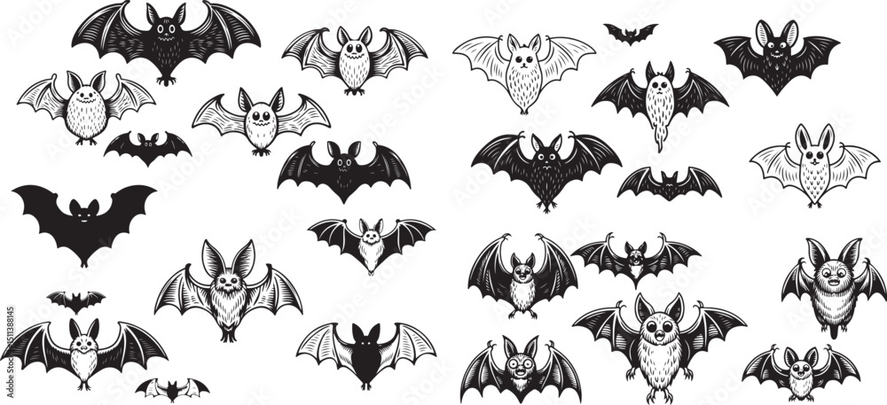 Silhouettes of Bats in Various Poses, Perfect for Halloween, Fantasy, and Wildlife Theme Silhouettes of Bats in Various Poses, Perfect for Halloween, Fantasy, and Wildlife Theme