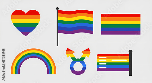 Pride Month Rainbow Flag Icons Heart, Flag, and Symbol Illustrations