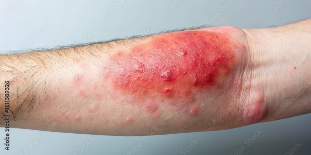 Fototapeta premium A swollen red growth on an arm, skin rash, lump, skin rash, lump, irritation