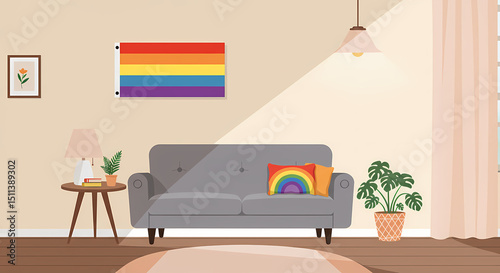 Cozy Living Room Interior Design with Rainbow Pride Flag and Decor
