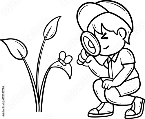 Child Examining a Flower Cartoon Outline