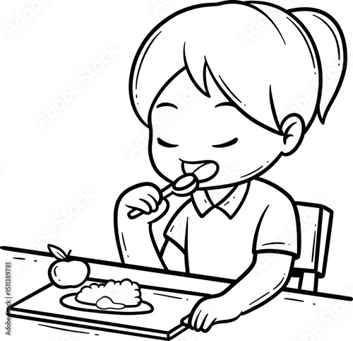 Child Eating Meal in School Outline