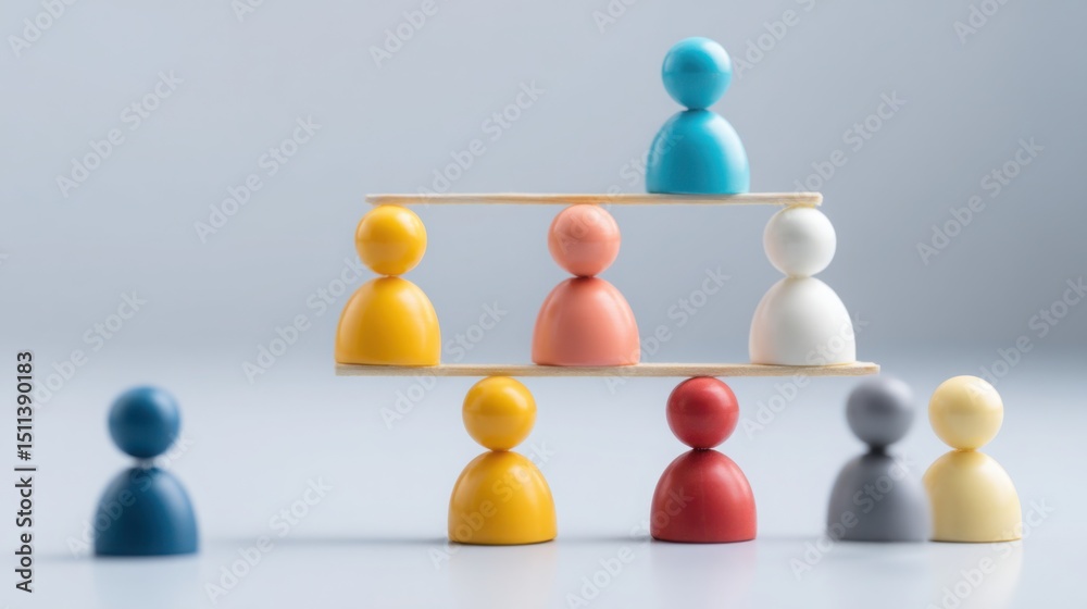 Obraz premium Wooden balance scale with group of people illustrating equity and fairness in a remote team context