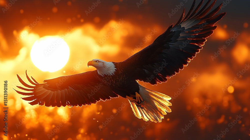 Obraz premium Majestic bald eagle soaring against a vibrant sunset.