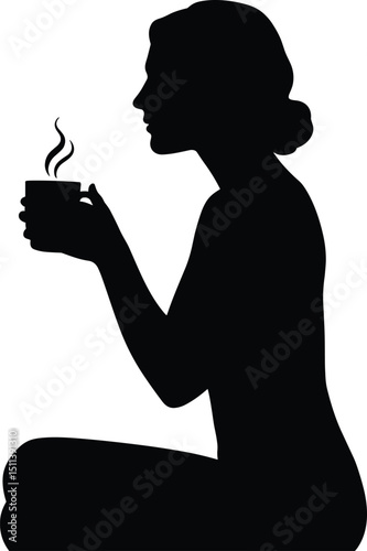 Black silhouette vector of a woman holding a hot tea mug with both hands