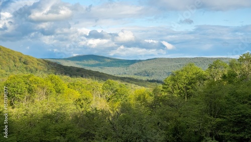 Beautiful rolling hills, green forest, valley and blue sky with clouds casting shadows on the rural landscape on a summer day. Catskill Mountains, New York State, USA.