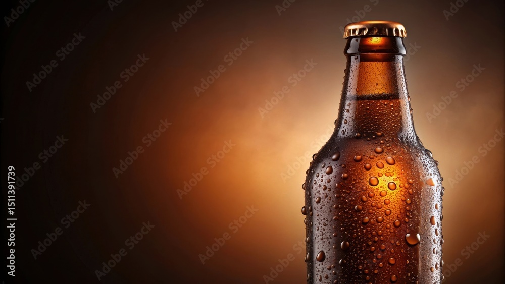 A dark brown beer bottle with condensation drops forming on its surface A dark brown beer bottle with condensation drops forming on its surface