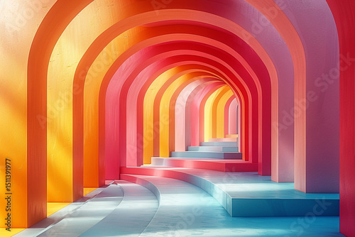 European abbey corridor with ancient stone arches and light at the end of the tunnel 