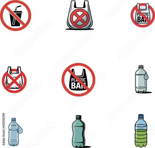 Vector icon set of Plastic bottle, Plastic bag ban for World Environment Day, Anti-Plastic Pollution Ideas, Plastic Waste Pollution and Sustainable Living for Environmental Awareness
