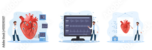 Cardiology concept. Male doctor check ECG, EKG, cardiogram and electrocardiogram. Health heart check up and cardiovascular pressure. Set of Vector illustrations in flat cartoon style.