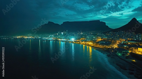 Aerial timelapse of Cape Town at night with Table Mountain towering over the glowing cityscape.