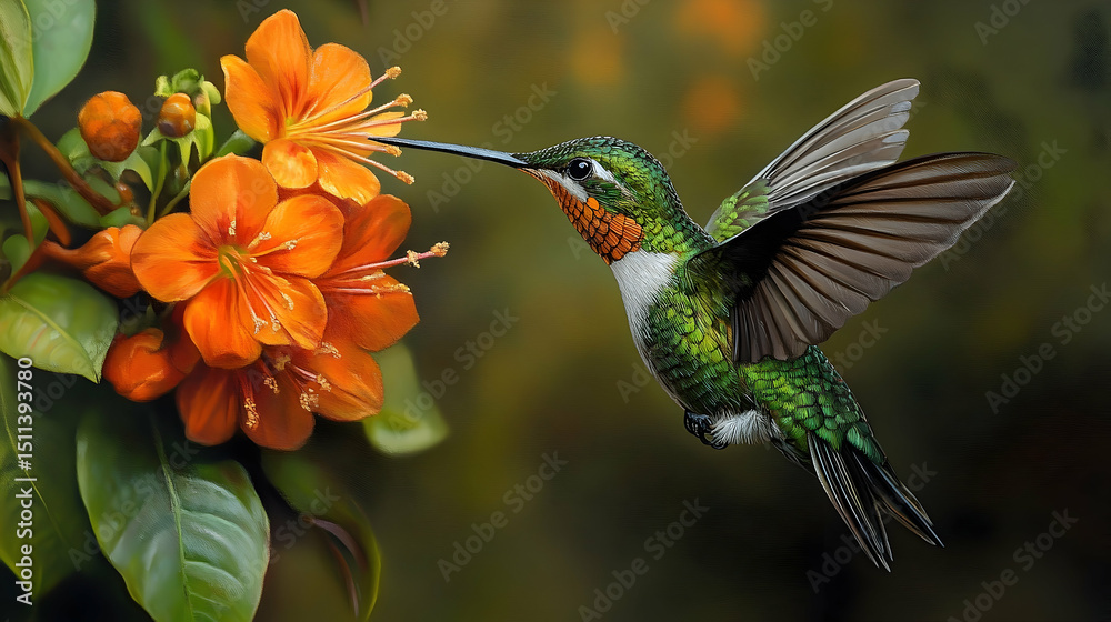 Fototapeta premium Vibrant hummingbird in flight, feeding from an orange flower.
