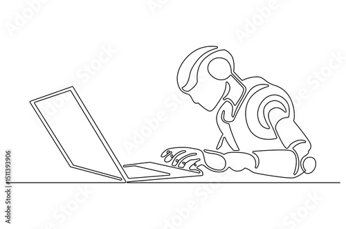 Continuous one line drawing of Robot humanoid use laptop. Single line drawing illustration of Humanoid robot use a laptop. 4th industrial revolution concept vector art. Doodle line illustration.