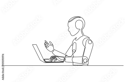 Continuous one line drawing of Robot humanoid use laptop. Single line drawing illustration of Humanoid robot use a laptop. 4th industrial revolution concept vector art. Doodle line illustration.