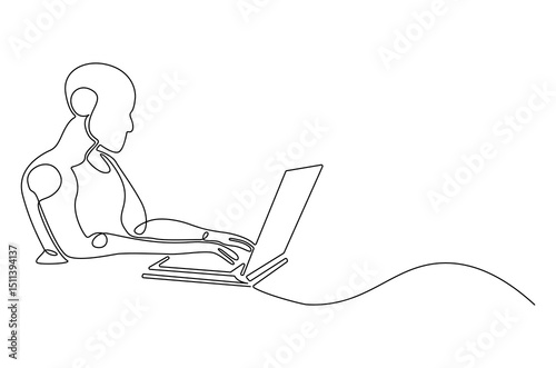 Continuous one line drawing of Robot humanoid use laptop. Single line drawing illustration of Humanoid robot use a laptop. 4th industrial revolution concept vector art. Doodle line illustration.