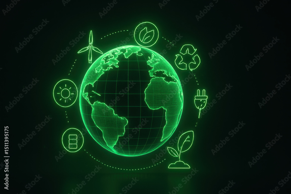 Obraz premium Glowing digital globe, vibrant green representation of Earth, futuristic design, symbolizing global connectivity and technology.