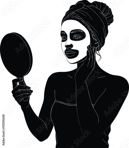 Black silhouette vector of a woman holding a handheld mirror or wearing a face mask