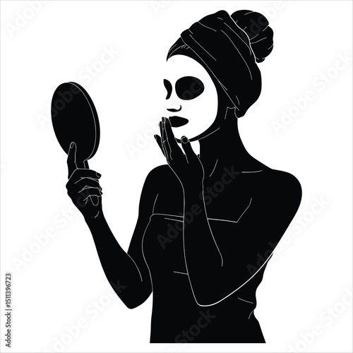 Black silhouette vector of a woman holding a handheld mirror or wearing a face mask
