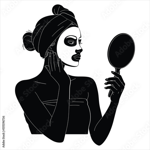 Black silhouette vector of a woman holding a handheld mirror or wearing a face mask
