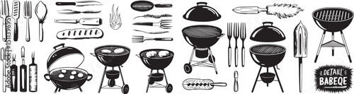 BBQ Grills, Tools, and Cooking Accessories in Black and White, Ideal for Outdoor Cooking and BBQ Events