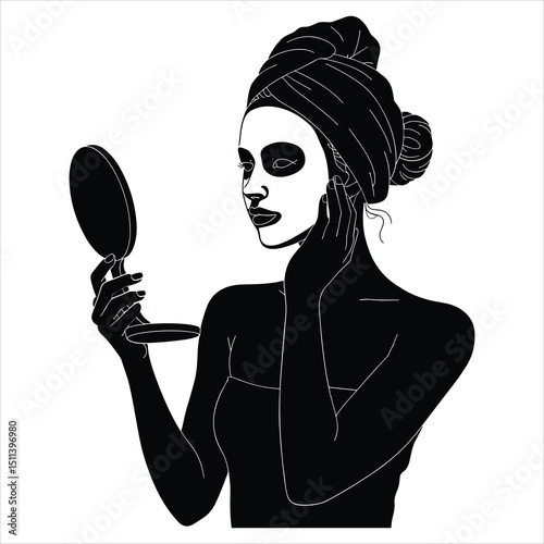 Black silhouette vector of a woman holding a handheld mirror or wearing a face mask