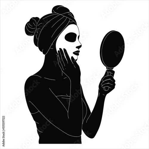 Black silhouette vector of a woman holding a handheld mirror or wearing a face mask